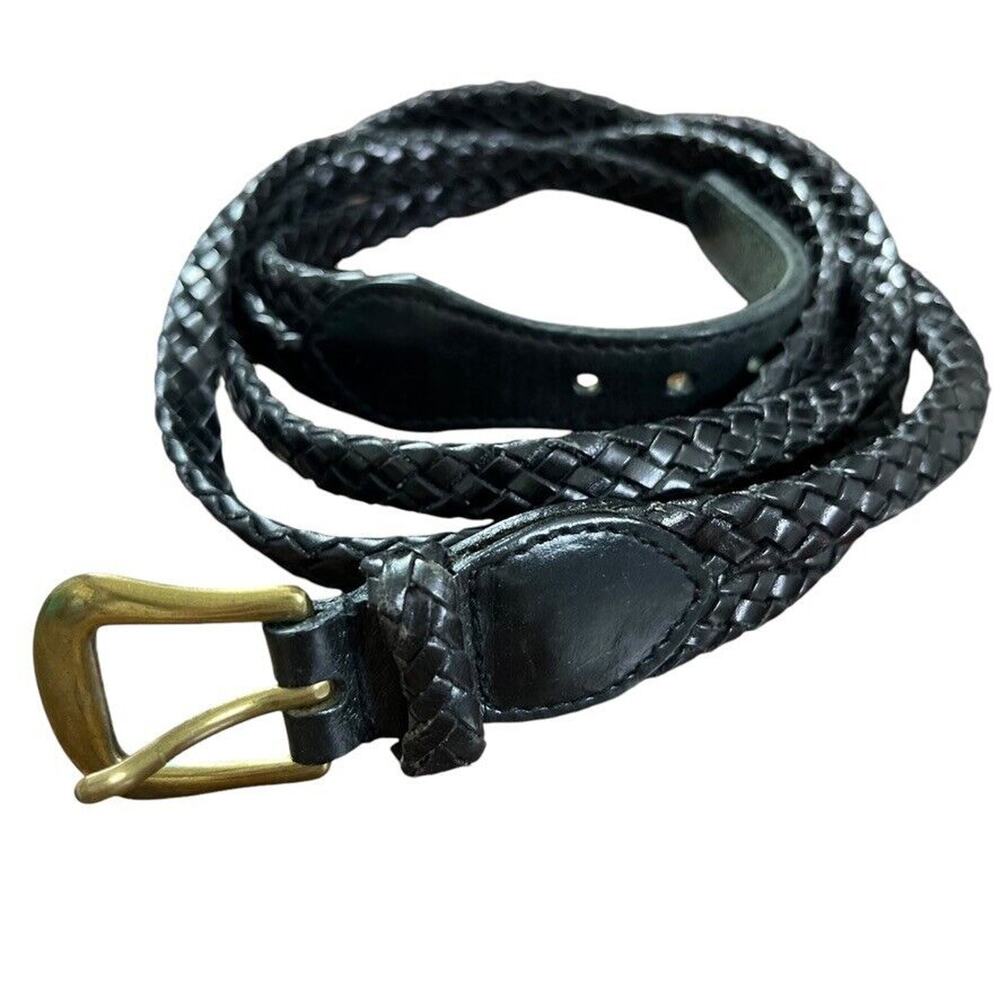Talbots Womens Black Twist Braided Woven Belt Brass Buckle Genuine Leather sz L